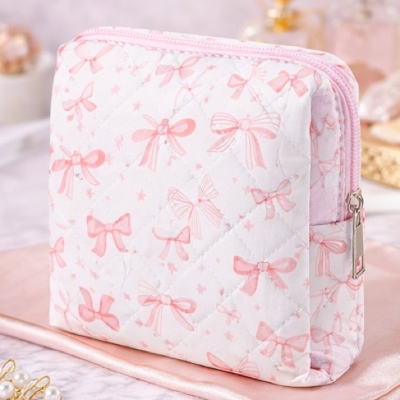 Handbags - Mini Quilted Cosmetic Bag, White with Pink Bows - New